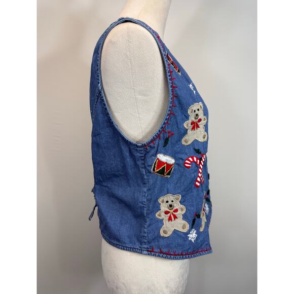 Vintage 80s Christmas Bear Embroidered Denim Vest | Whimsy Grandmacore | Size M - Picture 3 of 9